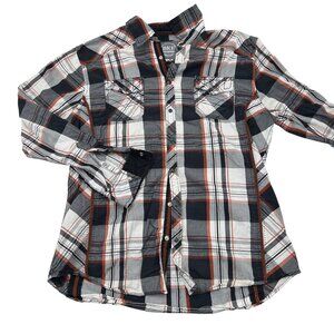 BKE Athletic Fit Mens XL Plaid Button-Down Shirt‎ Black/White/Orange 100% Cotton